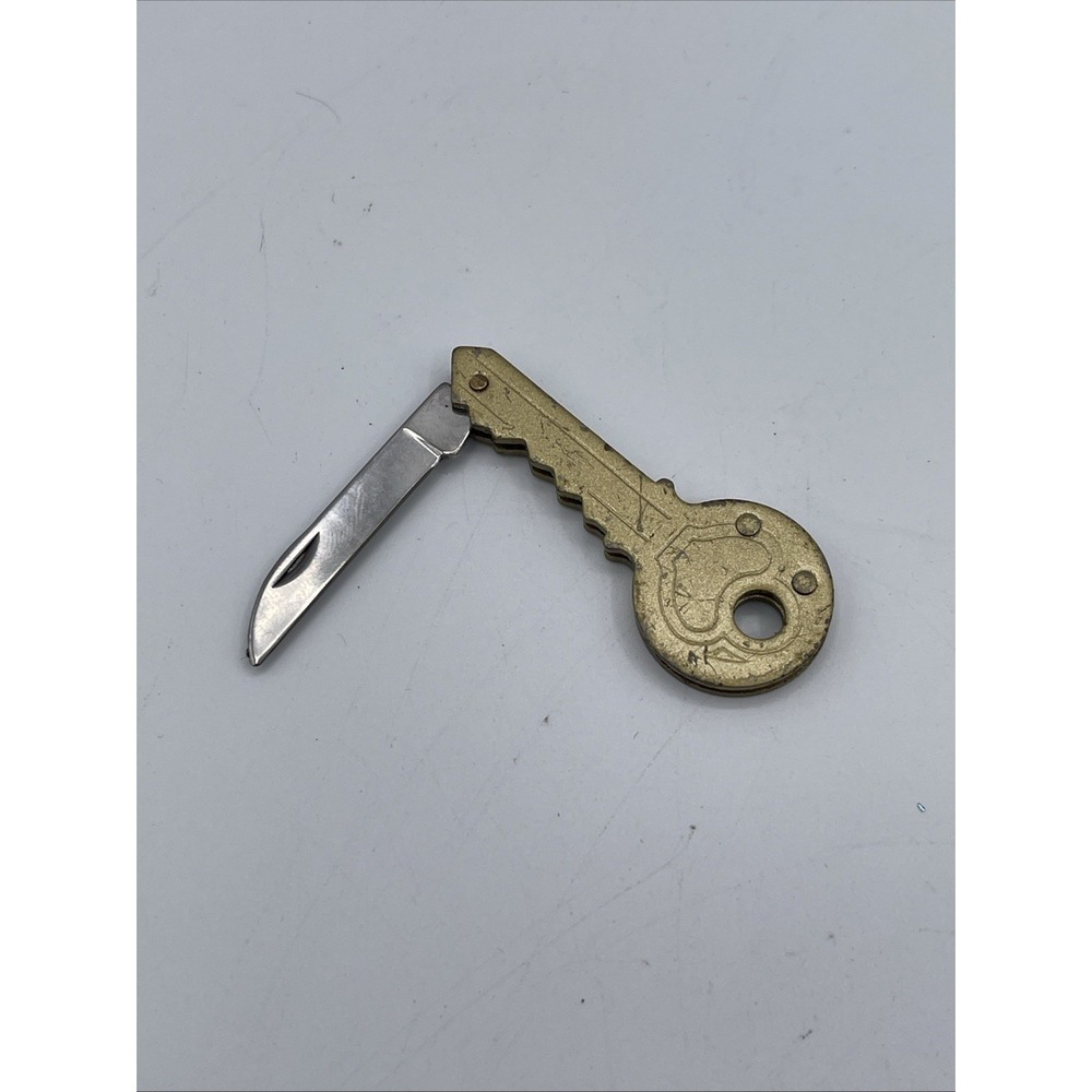 Vintage Brass Key Shaped Pocket Knife Keychain Single Blade Advertisement US